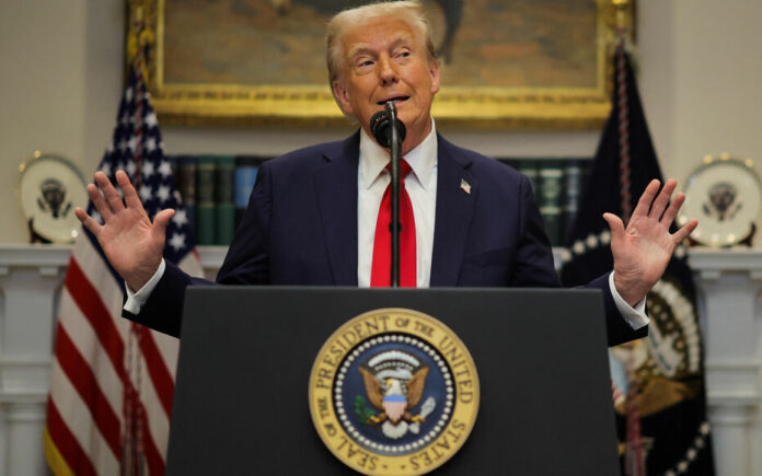 U.S. President Trump delivers remarks on Ai infrastructure at the Roosevelt room at White House in Washington